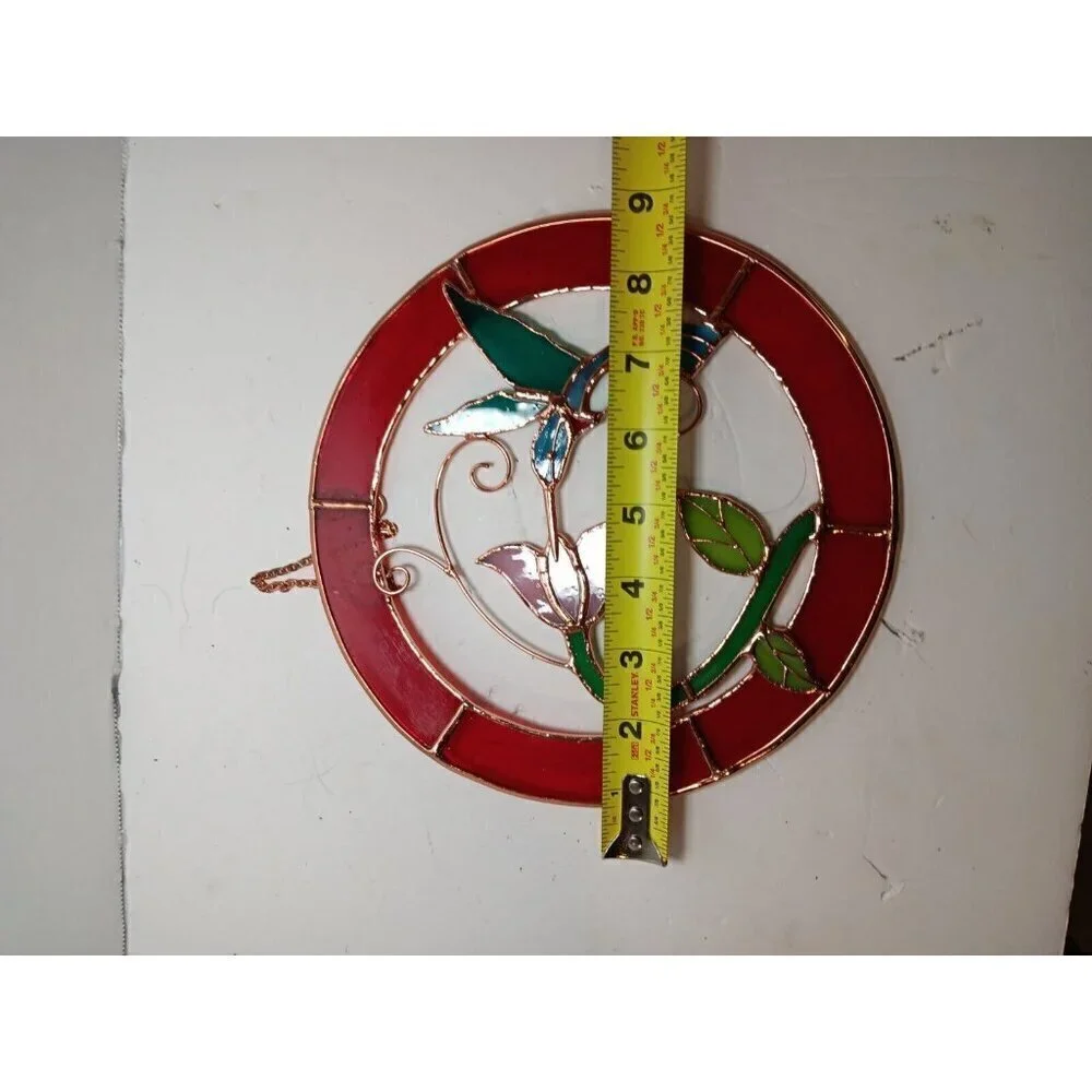 Stained Glass Small Hummingbird Red Circle Frame Window Panel